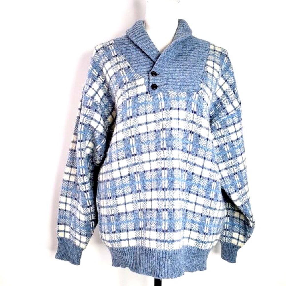 Vintage Glenugie of Scotland Wool Shawl Sweater Men‎ Chunky Shetland Plaid 46